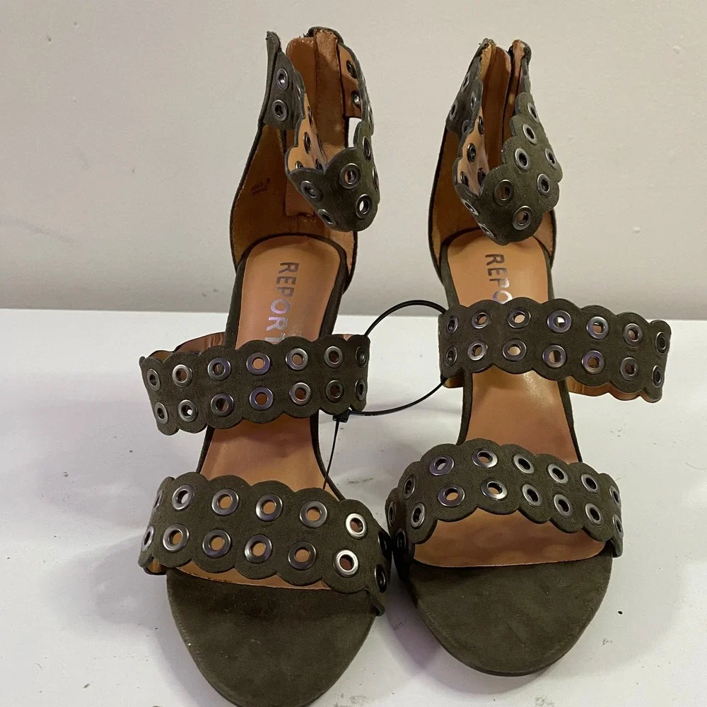 Report Apollo Sandals Womens 6 Olive‎ Green Grommet Scalloped Heel